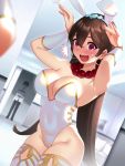  /\/\/\ 1boy 1girl animal_ears armpits arms_up bead_necklace beads black_hair blush breasts brown_hair bunny_ears bunny_pose bunnysuit chaldea_uniform cleavage commentary_request covered_navel earrings fate/grand_order fate_(series) fujimaru_ritsuka_(male) hair_between_eyes highleg highleg_leotard hoop_earrings indoors jewelry large_breasts leotard long_hair mirror necklace open_mouth prayer_beads purple_eyes reflection revision skindentation smile strapless strapless_leotard sungwon thighhighs very_long_hair walk-in white_legwear white_leotard xuanzang_(fate/grand_order) 