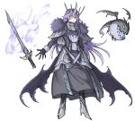  1girl absurdres armor black_dress black_gloves blue_eyes capelet closed_mouth crown demon_wings dress fire floating floating_weapon fur_trim gloves grey_capelet grey_scarf high_heels highres kan_(aaaaari35) long_hair low_wings monster open_mouth original purple_fire purple_hair scarf simple_background sketch slit_pupils sword weapon white_background wings yellow_eyes 