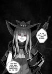  1girl absurdres arknights cravat english_commentary english_text gloves hat highres ichi10art long_hair monochrome monochrome_background open_mouth red_eyes skadi_(arknights) white_hair 