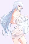  1girl blue_eyes blush daisu embarrassed highres idolmaster idolmaster_million_live! long_hair looking_at_viewer naked_shirt shiraishi_tsumugi shirt solo undressing white_hair 