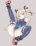  1girl bare_shoulders black_footwear black_ribbon blade_(galaxist) blonde_hair blue_eyes blue_legwear blue_leotard blush bow brown_background commentary_request covered_navel dead_or_alive eyebrows_visible_through_hair frilled_legwear frilled_leotard frills gloves hair_ribbon leg_up leotard long_hair marie_rose parted_lips partially_visible_vulva red_bow ribbon simple_background solo thighhighs twintails white_gloves 