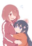  2girls :t black_hair blue_hair blush brown_hair flower hair_flower hair_ornament hair_over_one_eye hatafuta hoshino_miyako_(wataten) hug jacket long_hair multiple_girls orange_eyes shirosaki_hana short_hair surprised track_jacket track_suit upper_body v-shaped_eyebrows watashi_ni_tenshi_ga_maiorita! wavy_mouth white_background 