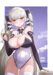  1girl adapted_costume arm_support azur_lane bangs bare_shoulders black_nails blue_sky blunt_bangs breasts bridal_gauntlets cleavage commentary_request covered_navel cowboy_shot crystal_shoujo detached_collar elbow_gloves eyebrows_visible_through_hair fingerless_gloves formidable_(azur_lane) gloves grey_hair hair_ribbon highres impossible_clothes impossible_leotard large_breasts leotard long_hair looking_at_viewer ocean open_mouth outside_border red_eyes ribbon sky solo standing strapless strapless_leotard thighhighs twintails two-tone_leotard two-tone_ribbon very_long_hair white_legwear white_leotard 