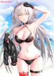  1girl ahoge arm_up armpits bad_id bad_pixiv_id bangs bare_shoulders beach bikini black_bikini black_choker black_gloves black_jacket blue_sky blush breasts choker cleavage collarbone cropped_jacket fate/grand_order fate_(series) gloves hiziriamane jacket jacket_removed jeanne_d&#039;arc_(alter_swimsuit_berserker) jeanne_d&#039;arc_(fate)_(all) large_breasts long_hair looking_at_viewer navel o-ring o-ring_bikini ocean open_mouth red_legwear shrug_(clothing) silver_hair single_thighhigh sky solo swimsuit thigh_strap thighhighs thighs yellow_eyes 