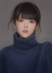  1girl bangs black_hair brown_eyes grey_background highres lips nguyen_uy_vu original parted_lips realistic short_hair simple_background solo sweater turtleneck turtleneck_sweater upper_body 