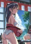 2girls ass back bare_shoulders black_hair bottle bowl braid breasts brown_hair cloud cloudy_sky cowboy_shot fundoshi green_eyes happi headband indoors japanese_clothes long_hair looking_at_viewer medium_breasts meo multiple_girls obentou off_shoulder open_door original parted_lips partially_undressed ponytail sake_bottle sarashi sky sliding_doors solo_focus spilling standing straight_hair summer sweat thighs tree 
