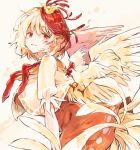  1girl animal_on_head bird bird_wings blonde_hair breasts chick chicken dress from_side hisona_(suaritesumi) large_breasts leaning_forward looking_at_viewer looking_to_the_side medium_hair multicolored_hair niwatari_kutaka on_head orange_dress red_eyes red_hair red_neckwear rooster short_sleeves simple_background smile solo tail touhou two-tone_hair wings 