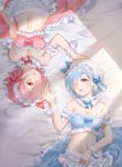  2girls :d apron arm_cuffs bandeau bangs bare_arms bare_shoulders bed_sheet blue_bow blue_eyes blue_hair blue_skirt blush bow breasts cleavage collar commentary_request detached_collar frilled_collar frilled_hairband frills hair_bow hair_over_one_eye hairband hand_up highres lolita_hairband looking_at_another lying medium_breasts midriff multiple_girls navel on_back open_mouth petticoat pink_eyes pink_hair pink_skirt ram_(re:zero) re:zero_kara_hajimeru_isekai_seikatsu rem_(re:zero) shangguan_feiying short_hair siblings sisters skirt skirt_set smile stomach strapless tubetop upper_body upside-down waist_apron white_apron white_hairband wrist_cuffs 