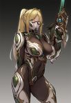  1girl bangs black_bodysuit blonde_hair bodysuit breasts covered_navel elf gradient gradient_background green_eyes grey_background gun hair_ornament highres houtengeki large_breasts long_hair looking_at_viewer mask mouth_mask original parted_bangs pointy_ears ponytail sidelocks solo thighs weapon 