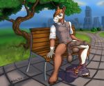  2020 amber_wind animal_genitalia animal_penis anthro balls bench big_balls bottomwear brown_balls brown_body brown_fur brown_penis clothed clothing detailed_background digital_media_(artwork) equid equine equine_penis fur genitals green_eyes head_markings hooves horse male mammal markings outside pants pants_down park partially_clothed penis presenting presenting_balls presenting_penis public saggy_balls shirt sitting solo spread_legs spreading topwear vyktor_dreygo white_body white_fur white_markings 