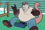  2020 3:2 anthro belly bottomwear bunnybara clothing hi_res humanoid_hands male mammal marsupial overweight overweight_male pants phalangeriform pink_nose shirt sitting solo topwear 