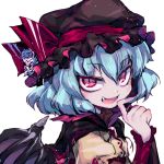  1girl alternate_color bat_wings black_cape black_headwear blue_hair brooch cape fang fingernails flower hand_up hat hat_flower hat_ribbon highres ifelt_(tamaki_zutama) jewelry long_fingernails long_sleeves looking_at_viewer mob_cap open_mouth red_eyes red_nails red_ribbon remilia_scarlet ribbon rose short_hair simple_background smile solo touhou upper_body white_background wings 