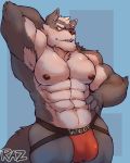  2020 5_fingers abs anthro arm_tuft armpit_hair biceps big_bulge big_muscles biped black_nipples black_nose blue_eyes blush body_hair bulge canid canine canis clothed clothing elbow_tufts eyebrows fingers fur grey_body grey_fur hand_behind_head hand_on_hip hi_res humanoid_hands jockstrap male mammal manly multicolored_body multicolored_fur muscular muscular_arms muscular_male nipples open_mouth pecs pose razuya.torazaki simple_background solo standing thick_eyebrows tongue topless triceps tuft two_tone_body two_tone_fur underwear underwear_only wolf 
