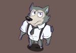  2020 anthro beastars bodily_fluids button_(fastener) canid canine canis cheek_tuft clothed clothing facial_tuft fingers footwear fur grey_body grey_fur hi_res legoshi_(beastars) looking_at_viewer looking_up male mammal multicolored_body multicolored_fur necktie nervous rygel_spkb shoes simple_background solo suspenders sweat teeth tuft two_tone_body two_tone_fur wolf 