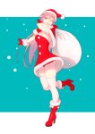  1girl akashi_(kantai_collection) alternate_costume aqua_background boots border breasts christmas cleavage dress fur-trimmed_boots fur_trim high_heel_boots high_heels highres kantai_collection letterboxed long_hair looking_at_viewer medium_breasts one_eye_closed outstretched_arm pink_hair red_footwear sack santa_costume skindentation smile snow solo standing standing_on_one_leg strapless strapless_dress thighhighs thighs white_border yellow_eyes yuuji_(and) 