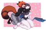  absurd_res ailurid anthro black_markings clothed clothing duo feathered_wings feathers febii female fully_clothed fur happy hi_res hug hybrid looking_back low_cut_jeans male male/female mammal markings red_body red_fur red_panda resinger17 small_wings smile spook_(spookcity) tail_feathers tattoo wings 