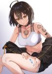 1girl :o ahoge arm_tattoo azur_lane baltimore_(azur_lane) baltimore_(black_ace)_(azur_lane) bandaid_on_leg bangs black_choker black_hair black_jacket black_shorts braid breasts chest_tattoo choker cleavage collarbone feet_out_of_frame flower gradient gradient_background grey_background highres invisible_chair jacket large_breasts long_sleeves looking_away looking_down navel off_shoulder open_clothes open_jacket parted_lips rose short_hair shorts sitting solo tattoo track_jacket tuchinokoeffect white_background yellow_eyes 