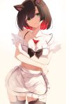  1girl absurdres animal_ears apron bangs bare_shoulders black_bow black_hair black_legwear blade_&amp;_soul bow breasts cat_ears character_request cleavage closed_mouth collarbone cowboy_shot frilled_apron frills garter_straps green_eyes head_tilt highres kooemong looking_at_viewer medium_breasts multicolored_hair red_hair short_hair simple_background strap_slip thighhighs two-tone_hair waist_apron white_apron white_background 