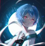  1girl ayanami_rei bandages between_fingers blue_hair blurry cable depth_of_field digital_media_player glowing glowing_eyes hair_between_eyes head_tilt highres holding jimmy_(zjimmy) looking_at_viewer neon_genesis_evangelion puckered_lips red_eyes school_uniform shade short_hair solo upper_body 