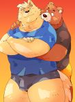  2020 anthro arufina_w blush brown_body brown_fur bulge canid canine canis clothing cute_fangs domestic_dog duo fur hug hugging_from_behind humanoid_hands kemono male male/male mammal overweight overweight_male shirt topwear underwear ursid 
