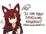  1girl ? animal_ear_fluff animal_ears brooch character_name copyright_name english_text fingernails flying_sweatdrops head_tilt how_to imaizumi_kagerou jewelry long_hair parted_lips pointing pointing_at_self red_eyes red_hair red_nails simple_background solo touhou white_background wolf_ears wool_(miwol) 