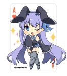  1girl ;d ace_of_hearts animal_ears bangs black_leotard black_sleeves blue_bow blue_eyes blue_hairband boots bow bunny_ears bunny_girl bunnysuit chibi collar commentary_request detached_collar detached_sleeves eyebrows_visible_through_hair fake_animal_ears fate/extra fate/extra_ccc fate_(series) frilled_sleeves frills full_body grey_footwear grey_legwear hair_bow hairband hand_up leotard long_hair long_sleeves looking_at_viewer meltryllis one_eye_closed open_mouth popo_(popopuri) purple_hair sleeves_past_fingers sleeves_past_wrists smile solo sparkle thigh_boots thighhighs twitter_username upper_teeth very_long_hair white_background white_collar 