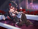  1girl absurdres alcohol bangs bath bathing bathtub black_dress black_hair black_legwear commentary_request crossed_legs cup curtains dress drinking_glass eyebrows_behind_hair flower fu_hua full_moon hair_between_eyes hair_flower hair_ornament highres honkai_(series) honkai_impact_3rd indoors ketchup_bottle long_hair long_sleeves looking_at_viewer moon night no_shoes open_mouth partially_submerged red_eyes red_flower red_moon red_rose rose soles solo spikes thighhighs upper_teeth window wine wine_glass wucanming 