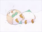  ayu_(mog) bird bird_focus commentary english_commentary gen_7_pokemon lying no_humans on_back on_stomach open_mouth pokemon pokemon_(creature) rowlet sleeping x_anus 