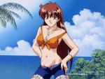  1990s_(style) 1girl bracelet brown_eyes brown_hair copyright copyright_name cowboy_shot dated day groin hands_on_hips jewelry juliana_(megami_paradise) long_hair megami_paradise navel necklace official_art outdoors ring shirt solo tied_shirt unbuttoned_shorts 