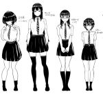  4girls black_hair breasts choker commentary_request glasses hair_between_eyes hair_over_eyes height_difference huge_breasts long_hair miyamoto_issa mole mole_under_mouth monochrome multiple_girls necktie original school_uniform shirt short_hair skirt small_breasts smile socks striped striped_neckwear tall_female thighhighs translation_request 