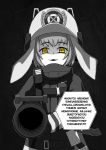  1girl absurdres arknights commentary english_commentary english_text evil_smile eyebrows_visible_through_hair fire_jacket greyscale highres hose ichi10art looking_at_viewer monochrome parted_lips shaw_(arknights) smile solo spot_color yellow_eyes 