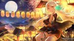  1girl alternate_costume azur_lane black_kimono blush breasts commission eyebrows_visible_through_hair hair_ornament highres janyhero japanese_clothes kimono lamp large_breasts long_hair long_sleeves looking_at_viewer massachusetts_(azur_lane) moon night night_sky outdoors red_eyes silver_hair sitting sky smile solo thighhighs white_legwear wide_sleeves 