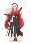  1girl alternate_costume black_gloves black_hairband corrin_(fire_emblem) corrin_(fire_emblem)_(female) fire_emblem fire_emblem_fates full_body gloves hairband high_heels highres japanese_clothes long_hair long_sleeves misu_kasumi open_mouth petals pointy_ears red_eyes simple_background solo white_background white_hair wide_sleeves 