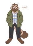  2020 anthro asnnonaka bottomwear brown_body brown_fur canid canine clothed clothing eyewear fur glasses green_eyes hi_res hoodie kemono male mammal pants raccoon_dog shirt simple_background solo tanuki text topwear white_background 