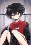  1boy animal_ears blue_eyes dog_boy dog_ears highres jacket looking_at_viewer male_focus original petit_(shinoyasumicco) red_shirt shinoyasumicco shirt solo t-shirt 