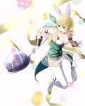  1girl absurdres animal_ears blonde_hair breasts bunny_ears cleavage easter_egg egg fake_animal_ears fire_emblem fire_emblem:_three_houses fire_emblem_heroes full_body gloves green_eyes gzo1206 high_heels highres holding ingrid_brandl_galatea long_hair open_mouth solo spoon white_gloves white_legwear 