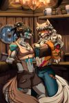 2:3 anthro arcanine axe azaleesh bodypaint canid canine clothed clothing duo female hi_res mammal melee_weapon muscular nintendo pok&eacute;mon pok&eacute;mon_(species) shield video_games viking weapon 