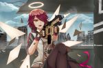  1girl :d absurdres arknights belt black_belt black_gloves black_legwear black_skirt blue_sky city cloud commentary day english_commentary exusiai_(arknights) fingerless_gloves gloves grey_shirt gun hair_over_one_eye halo heomura highres holding holding_gun holding_weapon huge_filesize jacket knee_up looking_at_viewer open_clothes open_jacket open_mouth pantyhose raglan_sleeves red_eyes red_hair shirt short_hair short_sleeves sitting skirt sky smile solo weapon white_jacket 