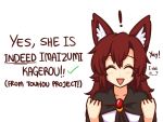  ! 1girl :d animal_ear_fluff animal_ears brooch character_name closed_eyes copyright_name english_text eyebrows_visible_through_hair facing_viewer hands_up how_to imaizumi_kagerou jewelry long_hair open_mouth red_hair simple_background smile solo touhou white_background wolf_ears wool_(miwol) 