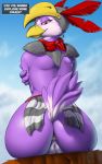  10:16 2020 anthro anus armor avian avian_(starbound) beak big_butt bird butt clothed clothing digital_media_(artwork) english_text feathers female genitals headgear helmet hi_res huge_butt looking_at_viewer looking_back mammal presenting purple_body purple_feathers pussy rear_view solo squeeshy starbound tail_feathers text topwear video_games wide_hips 