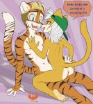  2018 4_toes 5_fingers absurd_res anthro anthro_on_anthro anus arm_support backwards_baseball_cap baseball_cap bedroom_eyes biped blonde_hair blue_eyes breasts butt canid canine clothing countershade_face countershade_torso countershading dialogue domestic_cat duo dyson eldiman english_text eye_contact fangs felid feline felis female female_on_top fingers flat_colors fox fur genitals hair hand_on_chest hat hat_only headgear headwear hi_res hybrid looking_at_another male male/female mammal mimi_(rokukeshiba) mostly_nude multicolored_body multicolored_fur narrowed_eyes nervous nipples nude on_top orange_body orange_fur pantherine plantigrade pussy seductive simple_background sitting small_breasts speech_bubble striped_body striped_fur stripes teenager text tiger toes two_tone_body two_tone_fur white_body white_countershading white_fur white_hair young 