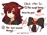  1girl :t ?? animal_ear_fluff animal_ears bangs brooch directional_arrow ears_down english_text eyebrows_visible_through_hair hair_between_eyes how_to imaizumi_kagerou jewelry long_hair long_sleeves looking_at_viewer red_eyes red_hair simple_background solo sparkle swept_bangs touhou white_background wolf_ears wool_(miwol) 