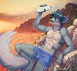  2020 4_toes 5_fingers abs anthro black_nose blue_hair clothed clothing day detailed_background digital_media_(artwork) eyebrows eyelashes fingers green_eyes hair imanika male outside sky smile solo toes topless 