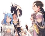  2boys 4girls :0 :d :t =d angry animal_ears au_ra awkward bangs black_eyes black_hair black_vest blue_eyes blue_hair blunt_bangs breasts brown_eyes brown_gloves brown_hair cat_ears censored facial_mark final_fantasy final_fantasy_xiv flower gloves hair_flower hair_ornament half_gloves hands_together highres hyur lalafell lavender_eyes lavender_hair long_hair long_sleeves looking_to_the_side medium_breasts middle_finger miqo&#039;te multiple_boys multiple_girls multiple_straps open_mouth parted_lips pout ribbed_shirt scales shirt sideboob sidelocks simple_background sleeveless sleeveless_shirt small_breasts smile sweatdrop tota_(sizukurubiks) turtleneck twintails upper_body vest white_background white_hair white_shirt yellow_flower 