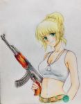  1girl ak-47 artist_logo assault_rifle belt blonde_hair breasts brown_belt cleavage closed_mouth colored_pencil_(medium) contemporary dog_tags eyebrows_visible_through_hair green_eyes gun hair_up half_updo holding holding_gun holding_weapon looking_at_viewer medium_breasts mizuhashi_parsee navel pointy_ears q-bee_(aaru) rifle short_hair smile solo standing texture traditional_media upper_body weapon white_sports_bra 