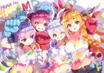  4girls :d :t ahoge arm_up bangs black_hairband black_pants blonde_hair blue_gloves blue_hair blue_ribbon blush bow braid brown_eyes brown_hair bunny-shaped_pupils closed_mouth collarbone commentary_request crop_top eyebrows_visible_through_hair fujishima-sei_ichi-gou gloves grin hair_bow hair_ribbon hairband hand_on_another&#039;s_head heterochromia highres hololive horns houshou_marine index_finger_raised kiryuu_coco long_hair midriff minato_aqua multicolored_hair multiple_girls navel off-shoulder_shirt off_shoulder one_eye_closed open_mouth paint_on_face paint_splatter pants pout purple_eyes purple_hair red_gloves red_ribbon ribbon ringlets shadow shirt short_eyebrows short_sleeves smile streaked_hair symbol-shaped_pupils thick_eyebrows twin_braids twintails two-tone_hair usada_pekora v-shaped_eyebrows very_long_hair virtual_youtuber white_bow white_hair white_shirt 
