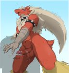  2020 abs anthro armband balls blaziken blush collar genitals glans male nintendo open_mouth penis pok&eacute;mon pok&eacute;mon_(species) red_body ricky_(zerofox1000) scuted_arms simple_background spiked_armband spiked_collar spikes video_games zerofox1000 