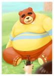  2020 animal_crossing anthro balls belly black_nose blush brown_body brown_fur clothing fur genitals kemono male mammal nintendo outside overweight overweight_male penis shirt sitting small_penis solo_focus teddy_(animal_crossing) topwear totemoii_029 ursid video_games 