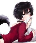  1boy animal_ears bangs blue_eyes dog_boy dog_ears dog_tail looking_at_viewer male_focus naked_sweater original petit_(shinoyasumicco) shinoyasumicco simple_background solo sweater tail white_background 