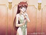  1990s_(style) 1996 1girl blush bracelet breasts brown_eyes brown_hair cleavage copyright copyright_name cowboy_shot cup dated dress drinking_glass earrings hand_to_head holding_drink jewelry juliana_(megami_paradise) lipstick long_hair makeup megami_paradise official_art solo wine_glass 